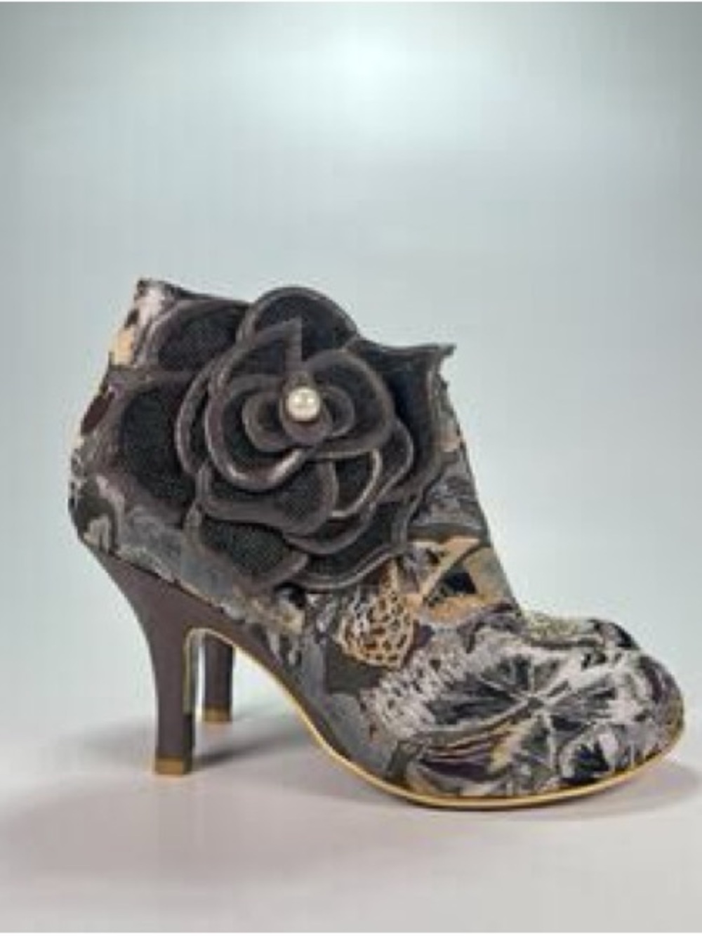 Irregular Choice Gray Floral Ankle Boot with Decorative Flower